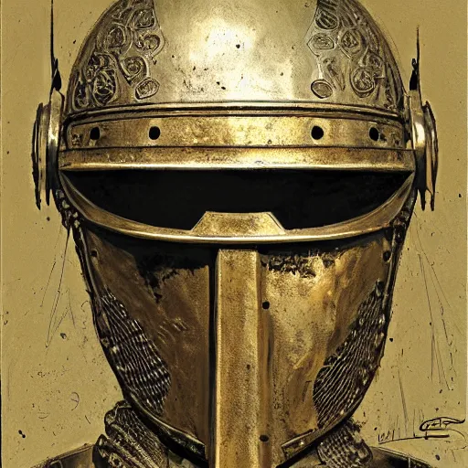 Prompt: portrait of a knight with helmet off, face visible, bronze armor with intricate engraving, silver highlights, by craig mullins, jeremy mann.