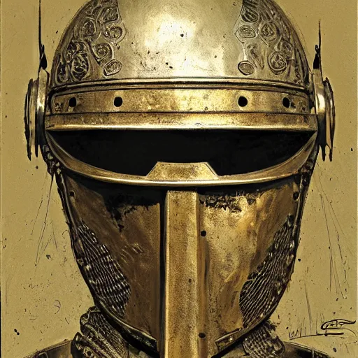 Image similar to portrait of a knight with helmet off, face visible, bronze armor with intricate engraving, silver highlights, by craig mullins, jeremy mann.