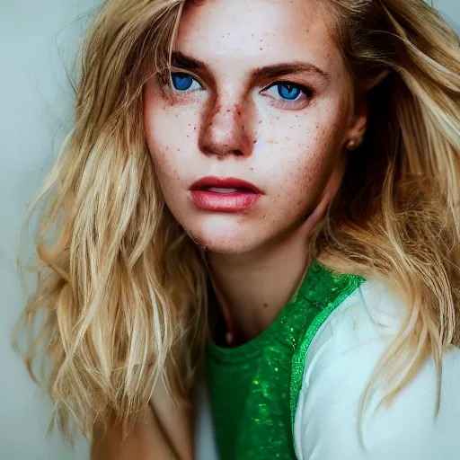 Image similar to Portrait Photography closeup of a Blonde Girl, Young Beautiful Face, Green Eyes, Freckles, Wearing a white crop-top and jeans, with a subtle smile, Epic, Charming, Character, trending on 500px