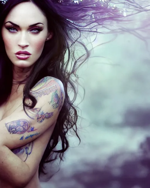 Image similar to 2 8 mm closeup portrait of very beautiful seductive megan fox cleric wearing a tiara made from dreams in a fantasy wonderland, glamour pose, long wind swept hair, ethereal, dreamy, backlit, highly detailed, realistic lighting, sharp focus, rule of thirds, artgerm, wlop, arney freytag, frank frazetta, hd, octane, 4 k,