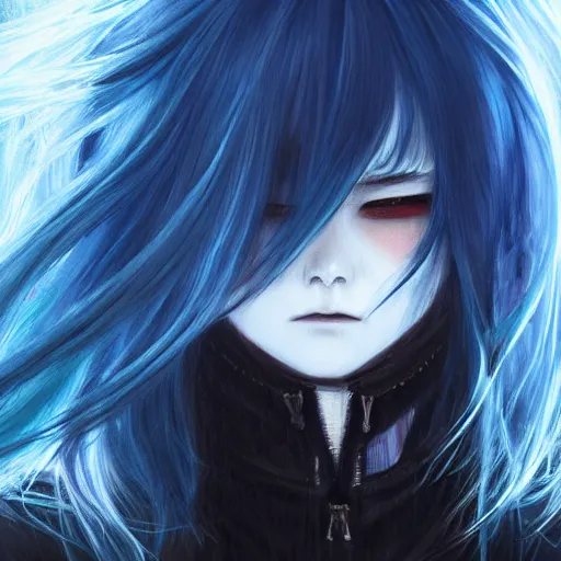 Image similar to full face shot of rimuru tempest, sky blue straight hair, long bangs, with amber eyes, wearing a fancy black jacket, high collar, ultra detailed, brush strokes, digital painting, cinematic, wlop artstation, closeup, pixiv, eerie, scary, intimidating glare, evil, yoshitaka amano, junji ito,