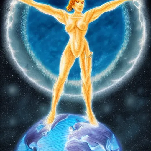 Image similar to a angel of light protecting planet earth drawn by boris valejo