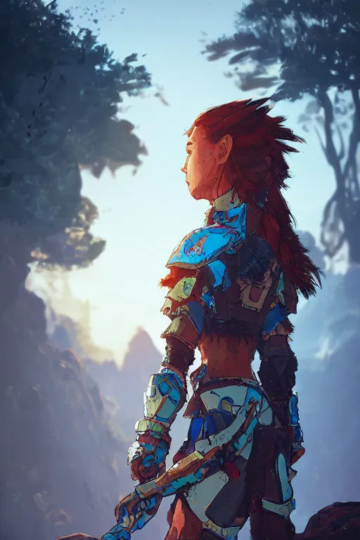 Image similar to combination suit armor aloy horizon forbidden west horizon zero dawn radiating a glowing aura global illumination ray tracing hdr fanart arstation by ian pesty and alena aenami artworks in 4 k tribal robot ninja mask helmet backpack