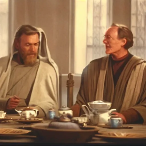 Prompt: Obi Wan Kenobi sits next to chancellor palpatine at a table and dreams tea. Movie Screenshot, Still from Movie, Highly Detailed, High Resolution