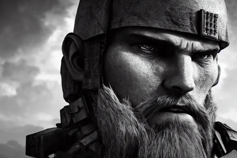 Image similar to still photo of castle age war man looking at the camera in a battlefield, black and white color aesthetic, highly detailed, photorealistic portrait, bright studio setting, studio lighting, crisp quality and light reflections, unreal engine 5 quality render