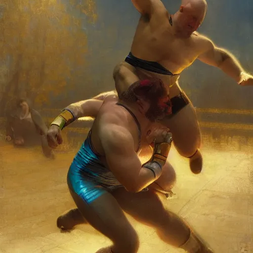 Image similar to bald wrestler breaking blonde wrestler's back, radiant light, caustics, heroic, bright iridescent light, by gaston bussiere, bayard wu, greg rutkowski, maxim verehin, epic wrestling combat, legendary