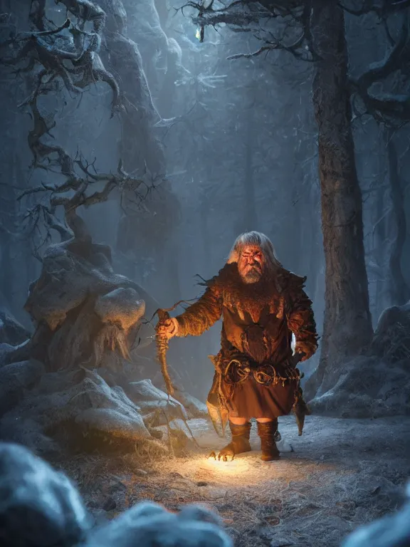 Image similar to Frightened Huntsman High Fantasy Dwarf treading through Haunted Forest with Glowing Lights, RPG Portrait Reference, Oil Painting, Trending on Artstation, octane render, Insanely Detailed, 8k, HD