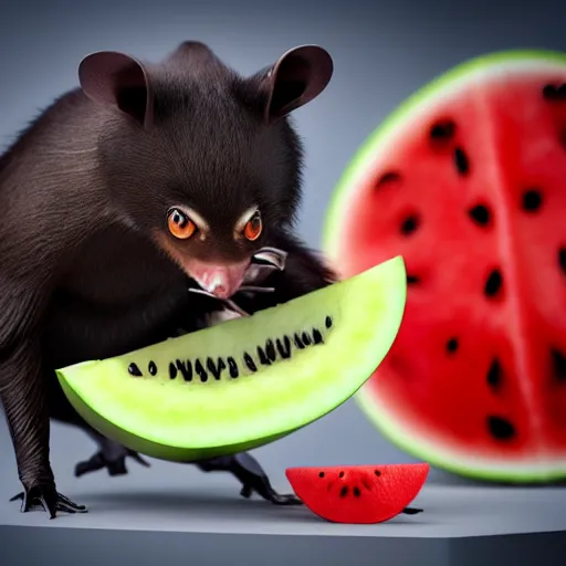 Image similar to cute kawaii realistic fruit bat eats a watermelon piece, digital art, high quality, illustration, art, detailed, 3 d render, sticker,