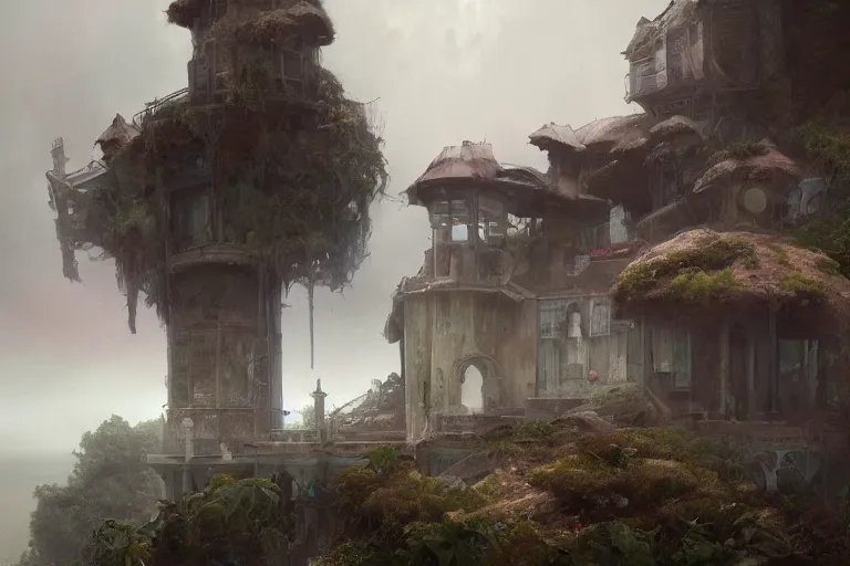 Prompt: a profoundly exotic home sitting amongst a rabid landscape weeping with sorrows and anxiety, overlooking a lively beach, digital painting by greg rutkowski and gaston bussiere, cgsociety contest winner, heavily overcast sky, dimly sad atmosphere, intricately defined, zbrush, comprehensive art, 4 k