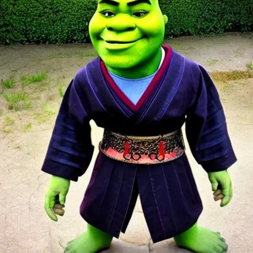 Image similar to Shrek in a samurai outfit