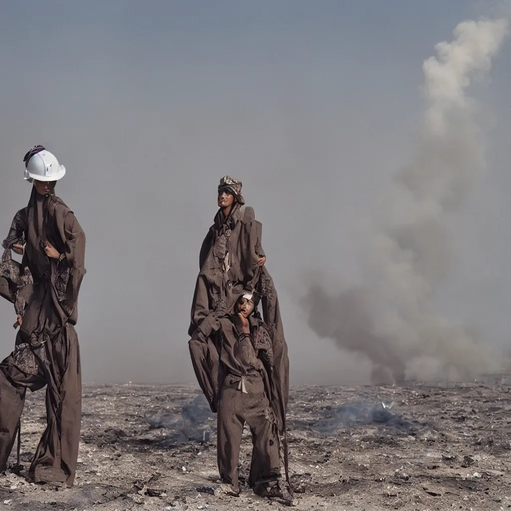 Prompt: portrait photograph fashion editorial in Kuwait oil fields fire. 1991. wide angle shot. highly detailed. depth of field. high definition. 8k. photography.