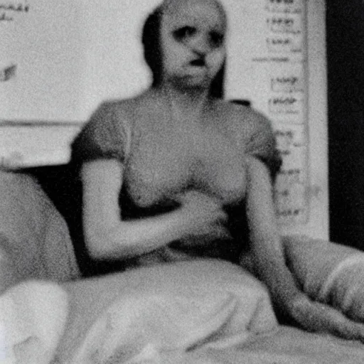 Prompt: photograph found from a lost hard drive that show horrifying images of special cases in a hospital, extremely grainy, eerie, analog horror
