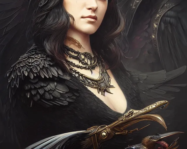 Image similar to highly detailed black raven bird, deep focus, d & d, fantasy, intricate, elegant, highly detailed, digital painting, artstation, concept art, matte, sharp focus, illustration, hearthstone, art by artgerm and greg rutkowski and alphonse mucha