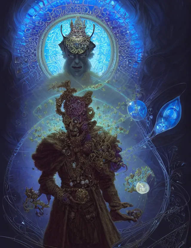 Image similar to front shot of a court jester character, hyperdimensional, bioluminescent hypercubes, dark holography!!!, (((intricate))), elegant, highly detailed, centered, (((artstation, concept art, smooth, sharp focus, artgerm, Tomasz Alen Kopera, Peter Mohrbacher, donato giancola, Joseph Christian Leyendecker, WLOP, Boris Vallejo))), mugshot!!!!!, ugly!!!!!!, octane render, nvidia raytracing demo, octane render, nvidia raytracing demo, octane render, nvidia raytracing demo, grainy, muted, 8K, digitalblasphemy