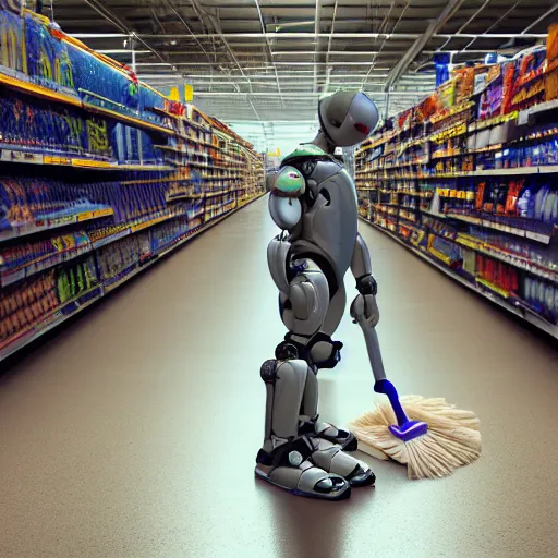 Prompt: robot forces human to clean up aisle at walmart digital art, 3 d high definition, trending on artstation, photorealistic, high resolution, 8 k, octane,, sharp focus, photography, unreal engine