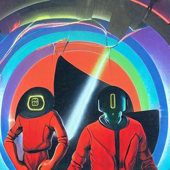 Prompt: two emperors of time wearing techno visors and red rick owens flight suits with their hands behind their backs inside the glowing geometric rainbow portal to the sixth dimension by frank frazetta