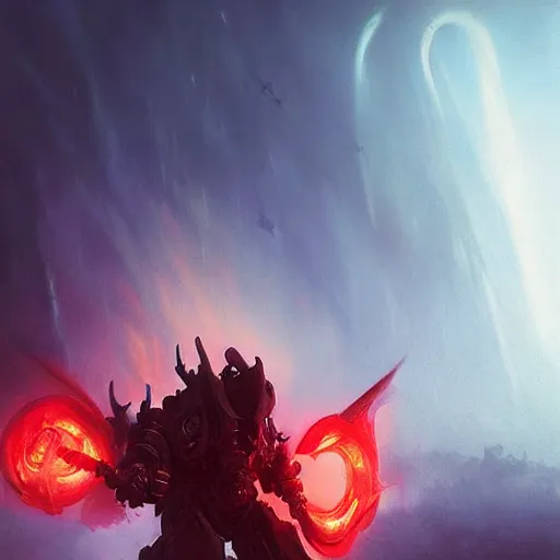 Image similar to ''cinematic shot'' of a demonic dark mech with red eyes looking into your soul realistic atmosferic made by ivan aivazovsky, peter mohrbacher, greg rutkowski volumetric light effect broad light oil painting painting fantasy art style sci - fi art style realism premium prints available artwork unreal engine