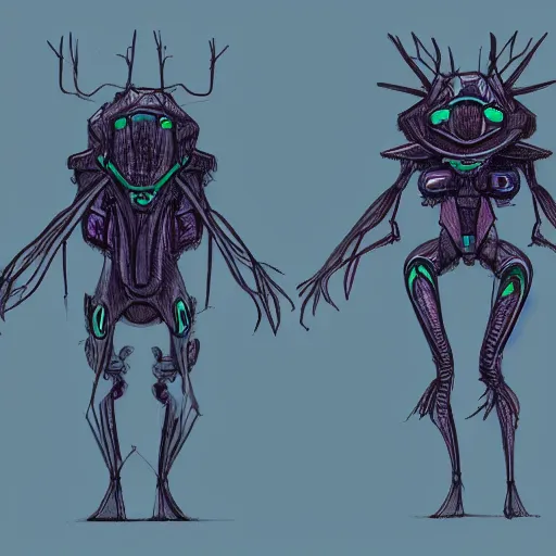 Image similar to concept art sketch of a cyberpunk insectoid underwater alien and its minions