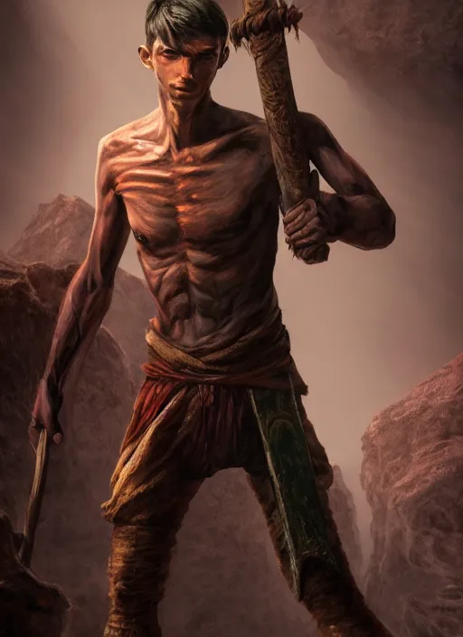 Prompt: an epic fantasy comic book style portrait painting of a skinny, lean and cruel man with a cudgel who bosses around children in a cave, unreal 5, daz, hyperrealistic, octane render, cosplay, rpg portrait, dynamic lighting