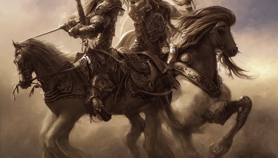 Image similar to portrait, handsome long - haired male fantasy paladin in shining armor on an armored horse, blond, rpg game, stern expression, main character, detailed, digital painting, artstation, sharp focus, illustration, artgerm, tomasz alen kopera, peter mohrbacher, donato giancola, joseph christian leyendecker, wlop, frank frazetta