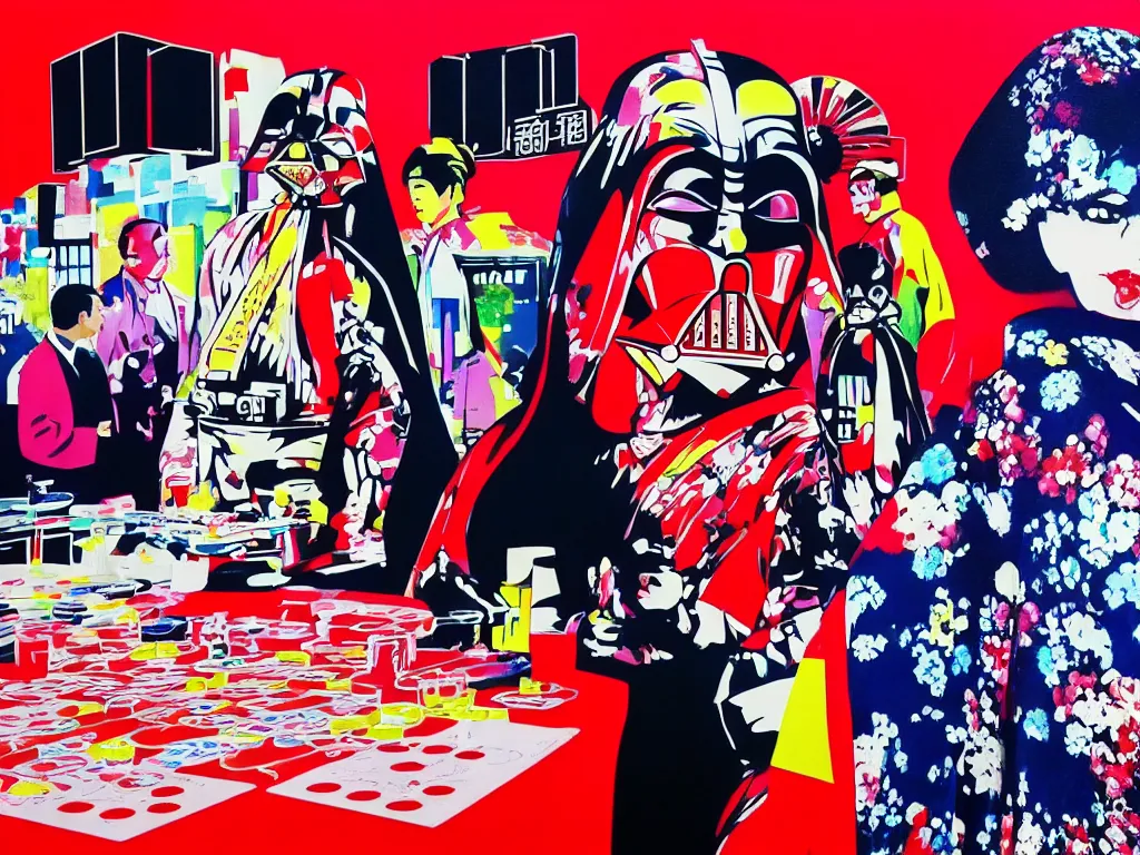 Image similar to hyperrealistic composition, in the middle a woman in a japanese kimono, behind her stands darth vader, in front of her a table from the casino, in the background is mount fuji and fireworks, pop - art style, jacky tsai style, andy warhol style, acrylic on canvas