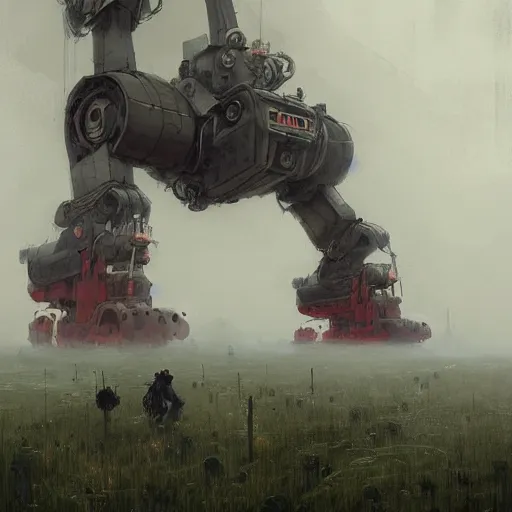 Image similar to gigantic industrial farmer mecha, dense fog, steampunk, jakub rozalski