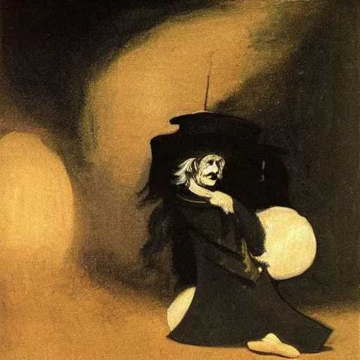 Image similar to An old wrinkled witch dressed in black stirring her cauldron under the moon light. Oil painting by Francisco de Goya.