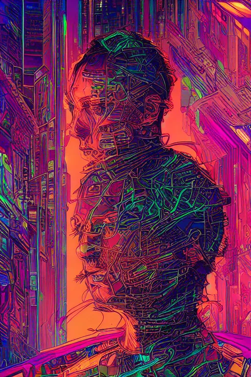 Prompt: A portrait of Thom Yorke as a cyberpunk, iridescent highlights, background of digital greebles, highly detailed, intricate, soft, sci-fi, sharp focus, glowing lines, art by Moebius
