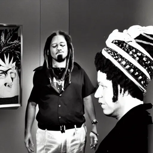 Image similar to Rastafarian barbera streisand cannabis exhibit presentation directed by David Lynch