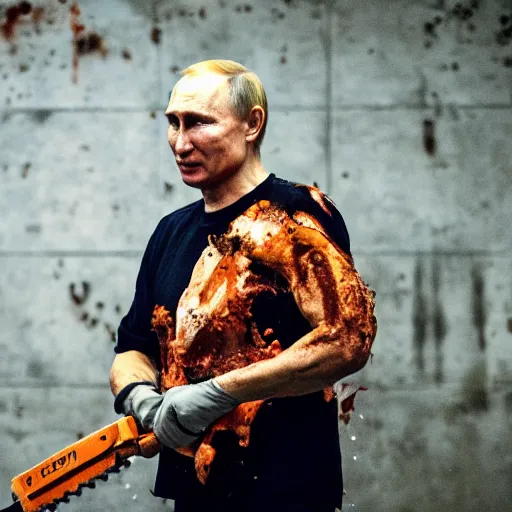 Image similar to putin with a chainsaw and a corpse. in a concrete bunker. focus on putins face with blood splatters. canon eos r 3, f / 1. 4, iso 1 6 0 0, 1 / 8 0 s, 8 k, raw, grainy