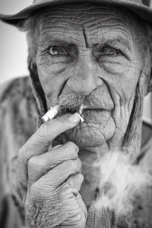 Image similar to sepia close up photograph of an old man with a worn face and trilby smoking a cigarette staring sadly into the camera, Nikon 50mm f/1.8G, award winning, detailed, 4K