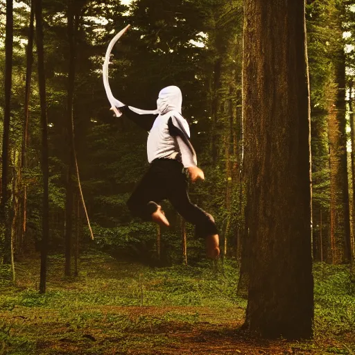 Prompt: An award winning photograph of a a ninja in a moody forrest jumping