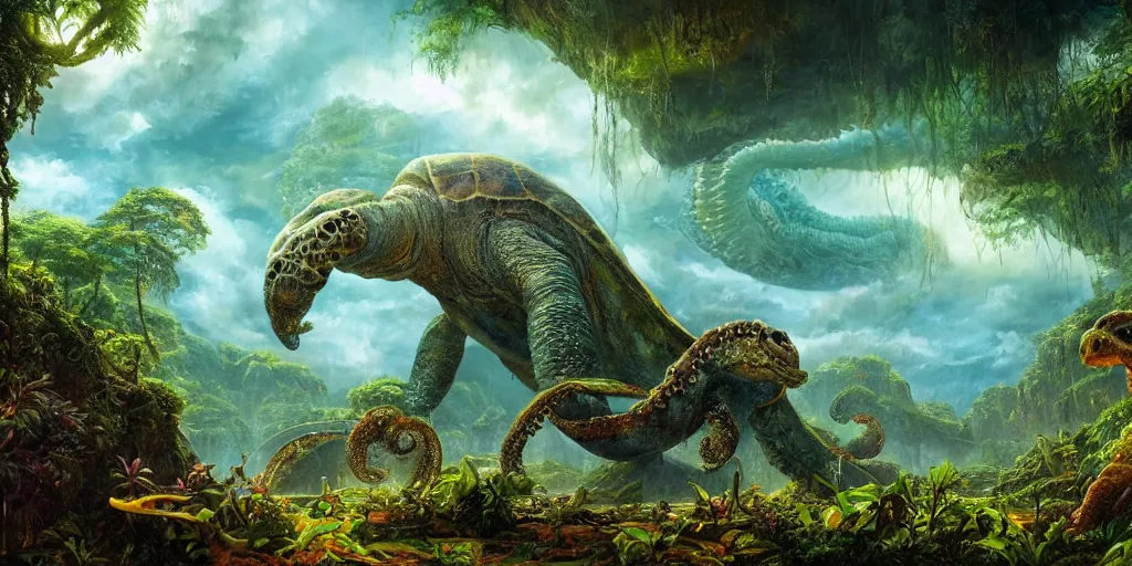 Image similar to fantasy oil painting, great leviathan, turtle cephalopod terrapin reptilian pachyderm amphibian hybrid, epic natural light, lush plants flowers, rainforest mountains, bright clouds, luminous sky, outer worlds, cinematic lighting, michael whelan, michael cheval, vray, 8 k hd