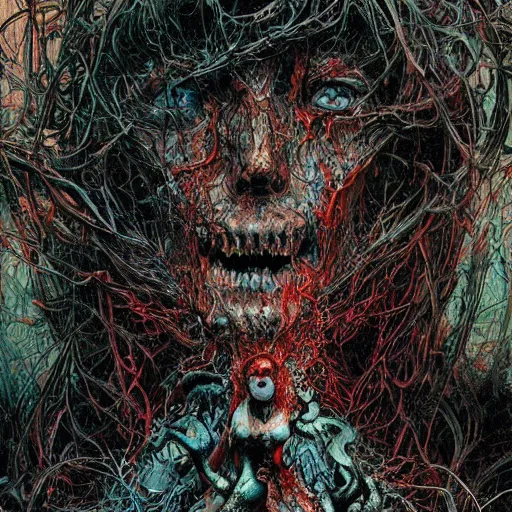 Prompt: keith thompson michael whelan horror art psychedelic trippy gorgeous horror beautiful creepy haunting dzo olivier scott fischer forest of human bodies splattered splashing fractal prismatic apophasis yoji shinkawa apophasis shintaro kago apophasis hyperrealism