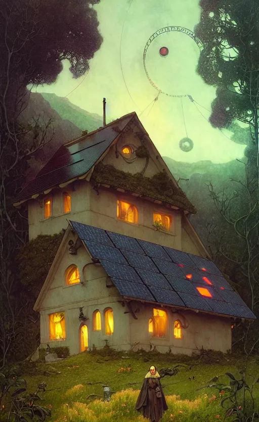 Image similar to a hyper realistic witchy cottage with solar panels on a tall hill, distant explosions in the mountains, atmospheric lighting, lush foliage, painting by chiara bautista and tom bagshaw, mucha, beksinski and norman rockwell and greg rutkowski weta studio, and lucasfilm