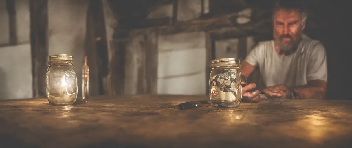 Prompt: a man making art inside of a jar, placed in an old attic, close up, beautiful atmosphere, haze, 4K