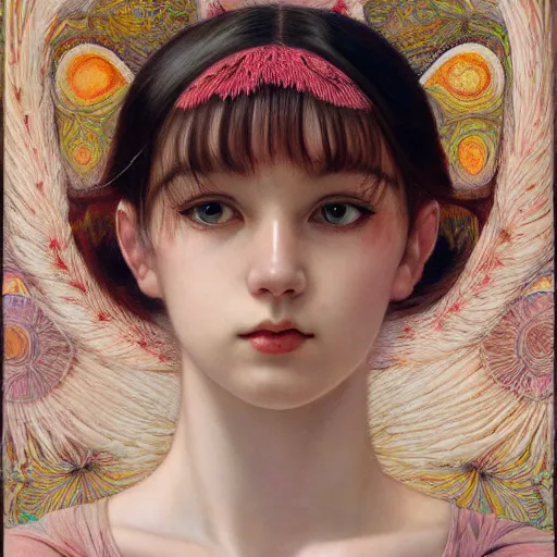 Image similar to white cat girl, botanical, portrait face, colorful, frantisek kupka, intricate, miles johnston, kuroda seiki, cynical realism, ozabu, john william godward, painterly, yoshitaka amano, moebius, miles johnston, louise zhang, james jean, mark ryden lowbrow pop surrealism art style