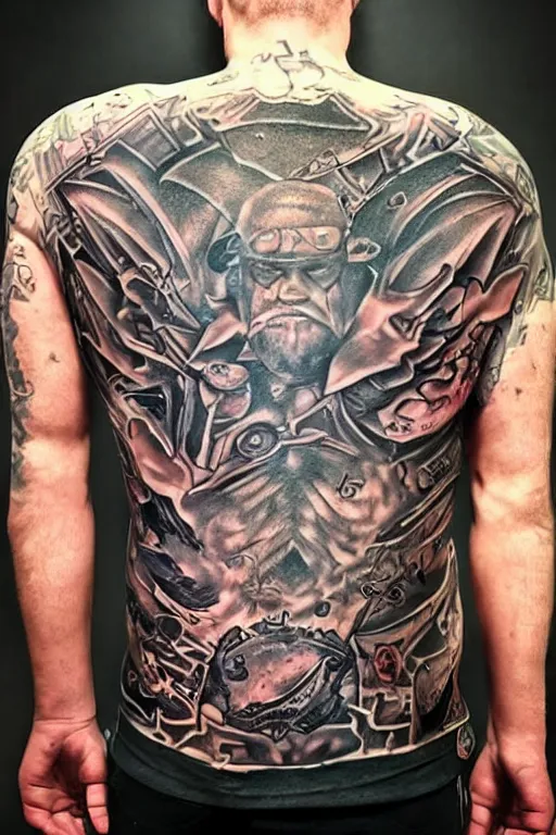Image similar to Photorealistic Portrait of frontal standing pose torso of a very attractive buffed Bill Burr heavily tattooed. all his skin is covered by Mayans tattoos, surrounded by magic lightings overlays, Intricate, concept art, magic lighting overlays, magical portal opened, D&D!, fantasy style, sharp focus!, ultra detailed, art by Artgerm and Peter Andrew Jones, WLUP, Magali Villeneuve