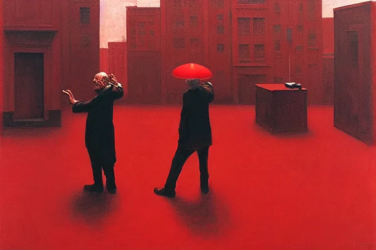 Image similar to only with red, a red old man try to sell a portrait, a crowd cheering, in a city square, in the style of beksinski, parts by edward hopper, parts by rodcenko, parts by yue minjun, intricate and epic composition, red by caravaggio, insanely quality, highly detailed, masterpiece, red light, artstation, 4 k