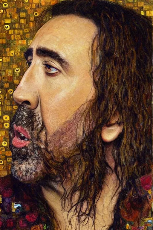 Image similar to Portrait of Nicolas Cage, beautiful art, painted by gustav klimt