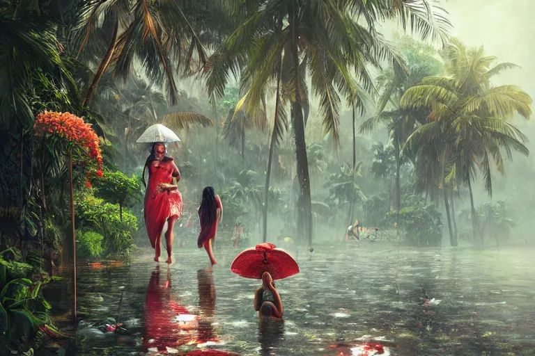 Image similar to ultra realistic illustration, photo, monsoon on tropical island, attractive oriental woman, back, ornate, beautiful, atmosphere, vibe, mist, coconuts, rain, wet, pristine, puddles, melting, dripping, creek, bridge, forest, roses, flowers, by stanley artgerm lau, thomas kindkade, art gta 5 cover