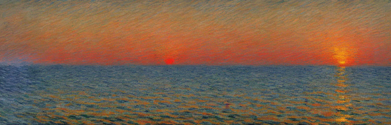 Image similar to An aesthetically pleasing, dynamic, energetic, lively, well-designed digital art of the ocean at sunset, light and shadow, by Claude Monet, superior quality, masterpiece, excellent use of negative space. 8K, superior detail.