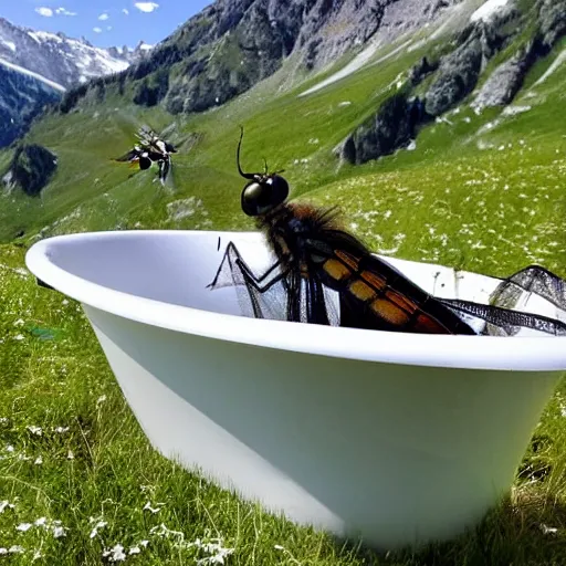 Prompt: dragonfly in a bathtub in the alps, goats!!!!!!!! in background