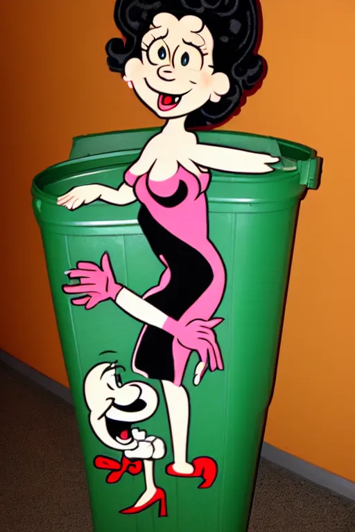 Image similar to full view, from a distance, of anthropomorphic trashcan who is betty boop from 1 9 3 0, full of trash, highly detailed