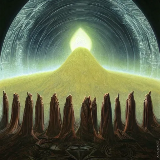 Image similar to a dark cabal of multiple hooded elven mystics in long dark robes gathered in a circular formation around a highly advanced alien computer, dan seagrave art, michael whelan