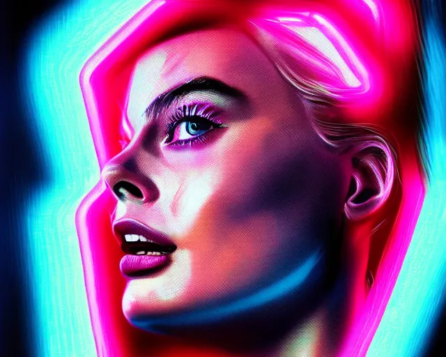 Image similar to led neon art of margot robbie, digital art, hyper detailed, award winning