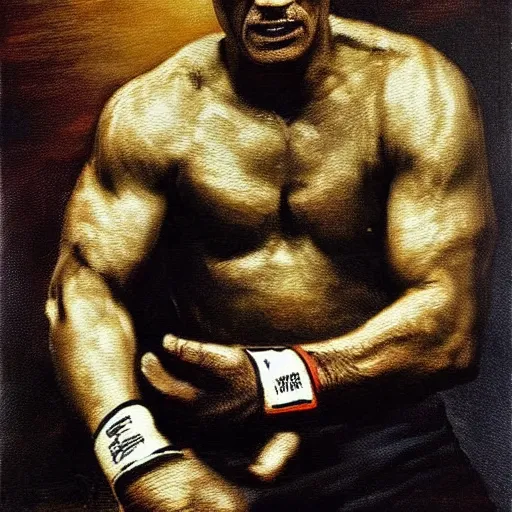 Prompt: rickson gracie by rembrandt, intricate, ultra detailed painting, atmospheric lighting, golden hour