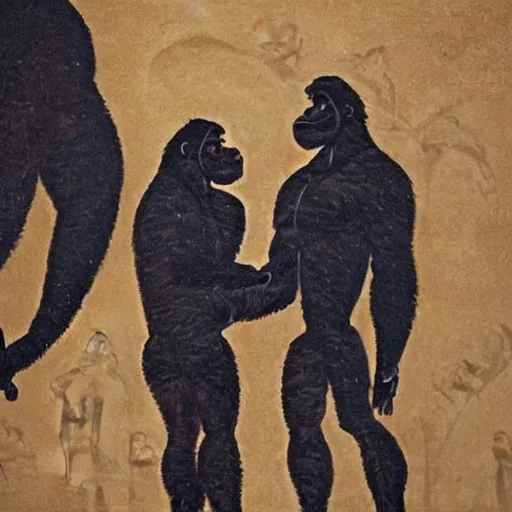 Prompt: cave painting of a gorilla next to a human and they are shaking hands