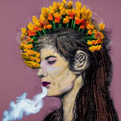 Prompt: portrait of a Smokey woman made of flowers and smoke