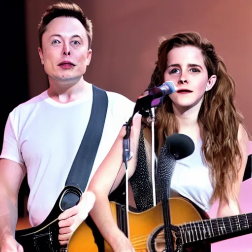 Image similar to elon musk & emma watson performing at woodstock